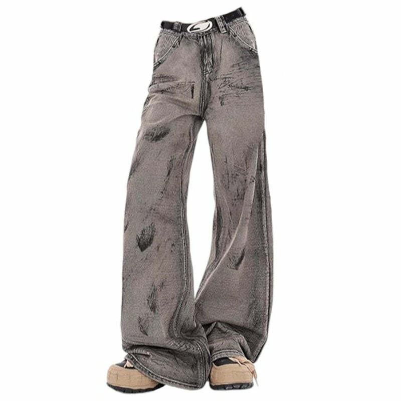 Grunge Aesthetic Wide-Leg Jeans for Y2K Outfits Women in Grey