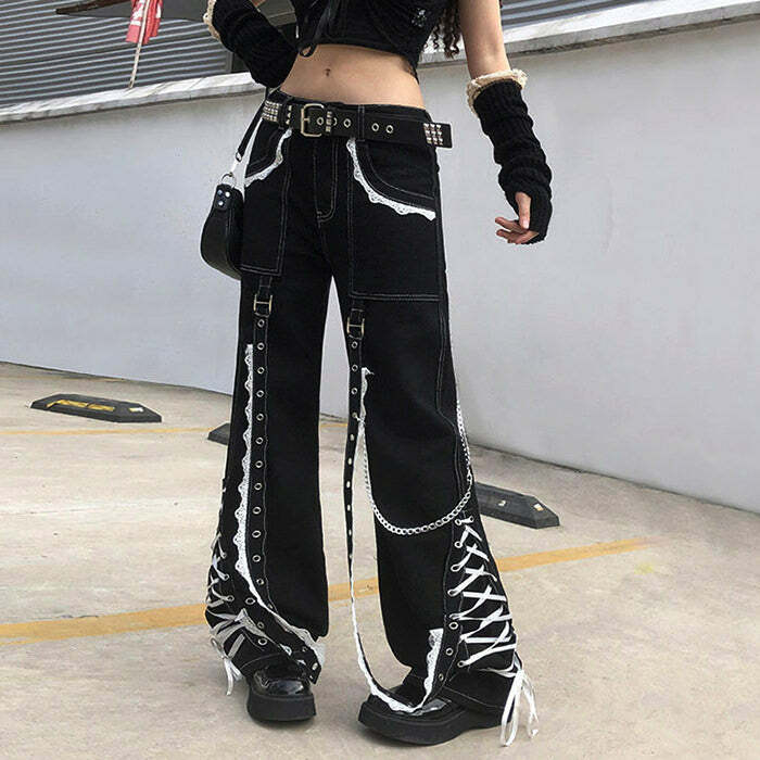 Grunge Lace Up Baggy Jeans - Y2K Outfits for Women, Emo & Aesthetic Styles