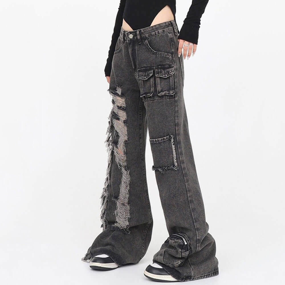 Grunge Ripped Jeans in Black - Y2K Outfits for Women, Emo Style