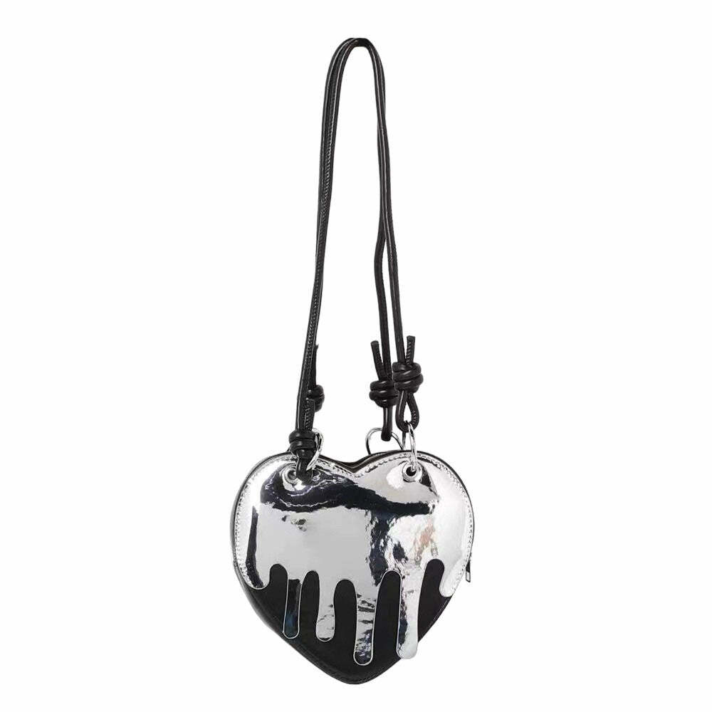 Grunge Silver Drip Heart Handbag - Y2K Outfits Women’s Fashion Accessory