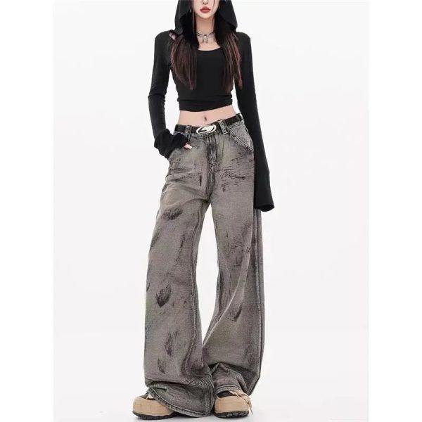 Grunge Splatter Wide-Leg Jeans - Trendy Y2K Outfits for Women