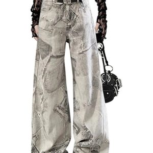 Grunge Washed Graffiti Wide-Leg Jeans - Y2K Outfits for Women