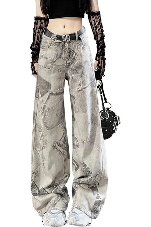 Grunge Washed Graffiti Wide-Leg Jeans - Y2K Outfits for Women