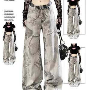 Grunge Washed Graffiti Wide-Leg Jeans - Y2K Outfits for Women