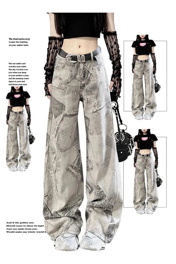 Grunge Washed Graffiti Wide-Leg Jeans - Y2K Outfits for Women