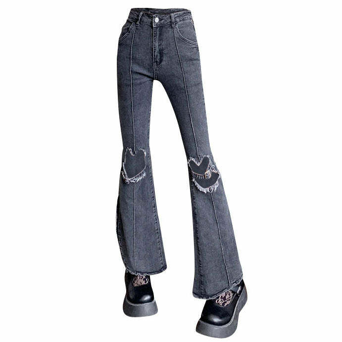 Heart Cut Out Grunge Flare Jeans - Y2K Outfits for Women, Emo Style