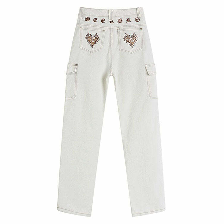 Heart Embroidery Cargo Jeans - Trendy Y2K Outfits for Women