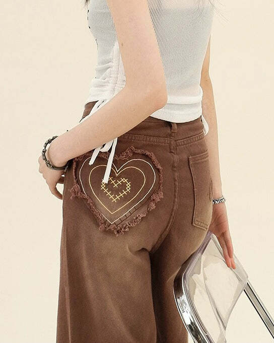 Heart Pocket Brown Jeans - Y2K Outfits for Women, Cute & Aesthetic Style