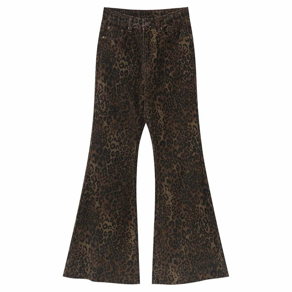 High-Waisted Leopard Flare Jeans - Trendy Y2K Outfits for Women