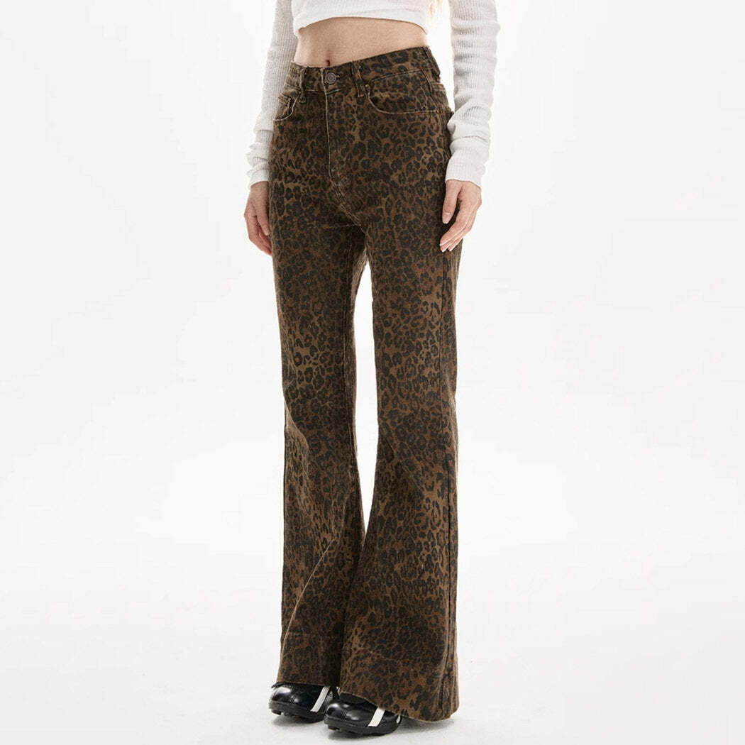 High-Waisted Leopard Flare Jeans - Trendy Y2K Outfits for Women