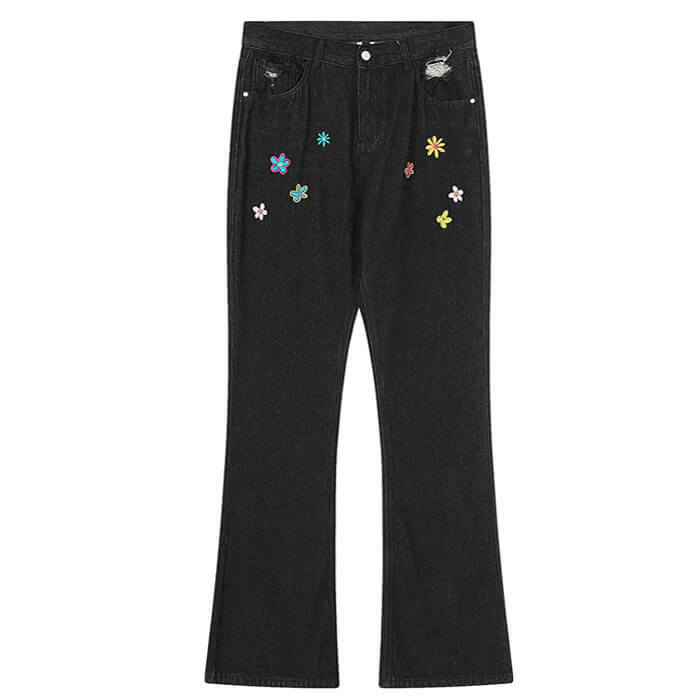 Indie Aesthetic Flower Embroidery Jeans - Y2K Outfits for Women