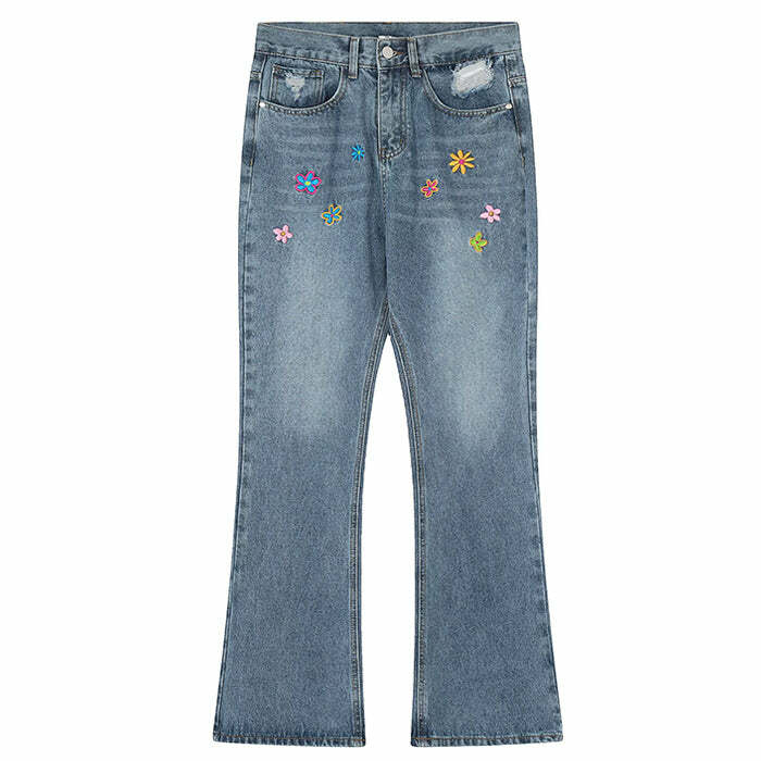 Indie Aesthetic Flower Embroidery Jeans - Y2K Outfits for Women