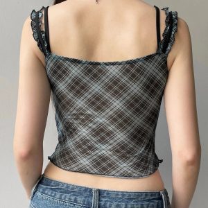 Lace-Trim Plaid Mesh Top - Trendy Y2K Outfits for Women & Girls