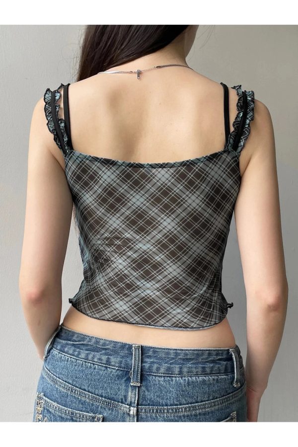 Lace-Trim Plaid Mesh Top - Trendy Y2K Outfits for Women & Girls