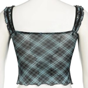 Lace-Trim Plaid Mesh Top - Trendy Y2K Outfits for Women & Girls