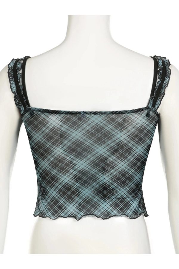 Lace-Trim Plaid Mesh Top - Trendy Y2K Outfits for Women & Girls