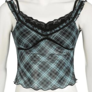 Lace-Trim Plaid Mesh Top - Trendy Y2K Outfits for Women & Girls