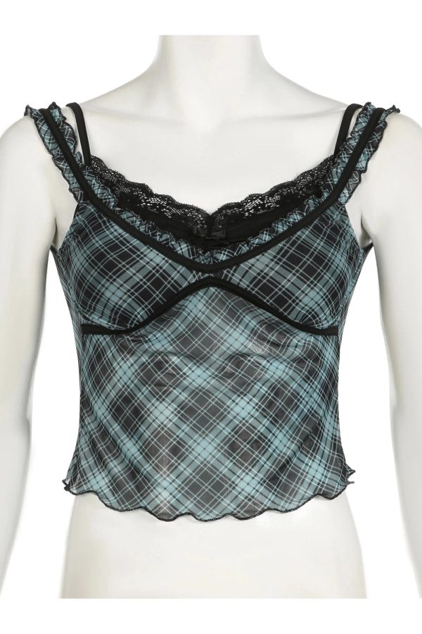 Lace-Trim Plaid Mesh Top - Trendy Y2K Outfits for Women & Girls