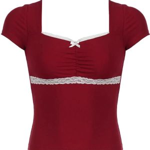 Lace-Trim Sweetheart Ruched Top - Trendy Y2K Outfits for Women