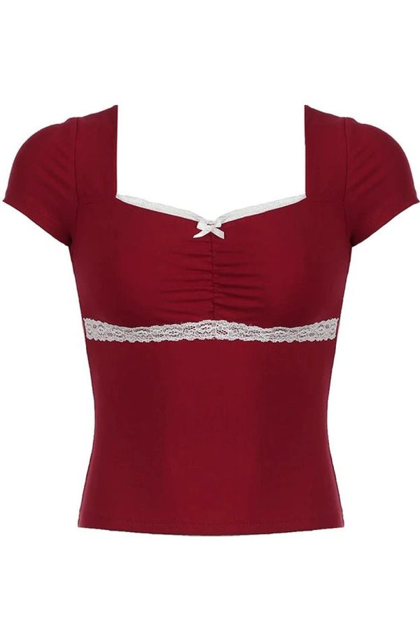 Lace-Trim Sweetheart Ruched Top - Trendy Y2K Outfits for Women