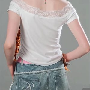 Lace-Trimmed Off-Shoulder Graphic Top for Y2K Outfits Women Fashion