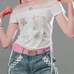 Lace-Trimmed Off-Shoulder Graphic Top for Y2K Outfits Women Fashion