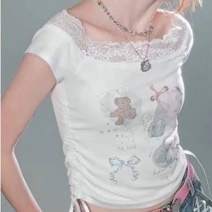 Lace-Trimmed Off-Shoulder Graphic Top for Y2K Outfits Women Fashion