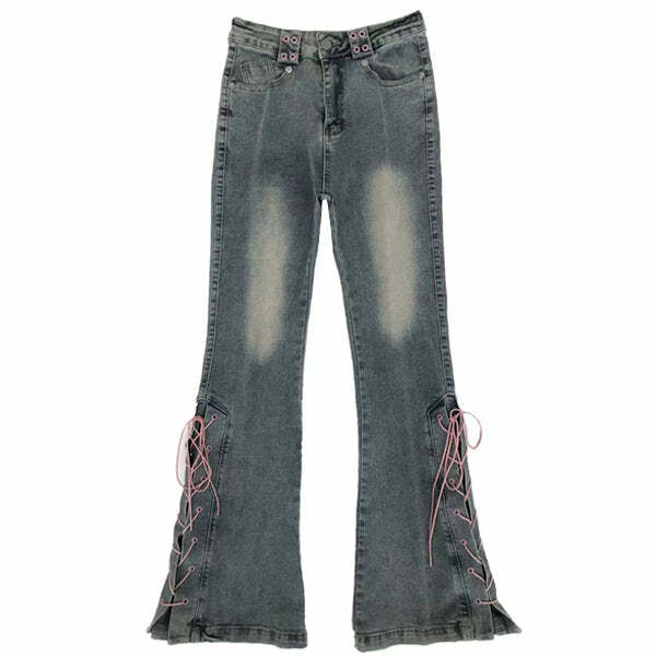 Lace Up Flared Jeans - Trendy Y2K Outfits for Women, Emo & Club Style