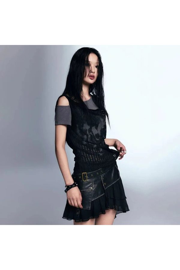 Layered Grunge Mesh Top - Y2K Outfits for Women, Aesthetic 2000s Style