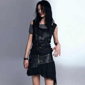 Layered Grunge Mesh Top - Y2K Outfits for Women, Aesthetic 2000s Style