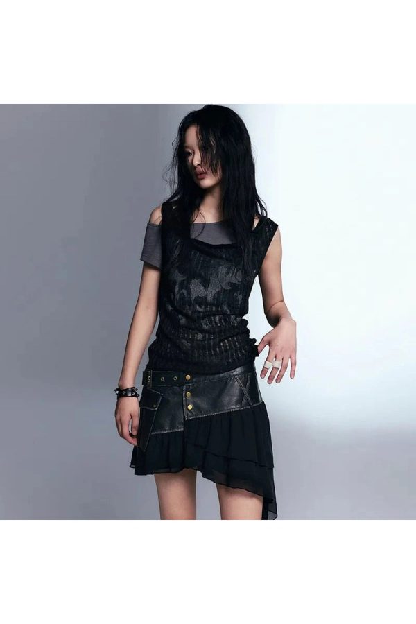 Layered Grunge Mesh Top - Y2K Outfits for Women, Aesthetic 2000s Style