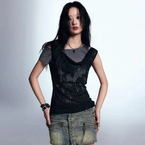 Layered Grunge Mesh Top - Y2K Outfits for Women, Aesthetic 2000s Style