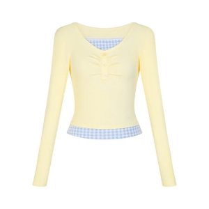 Lemon Gingham Layered Top - Trendy Y2K Outfits for Women & Girls