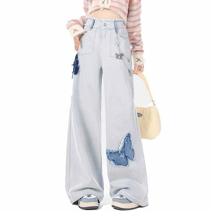 Light Blue Butterfly Aesthetic Jeans - Y2K Outfits for Women & Girls