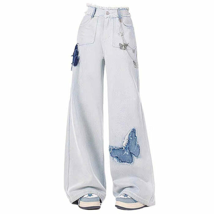 Light Blue Butterfly Aesthetic Jeans - Y2K Outfits for Women & Girls