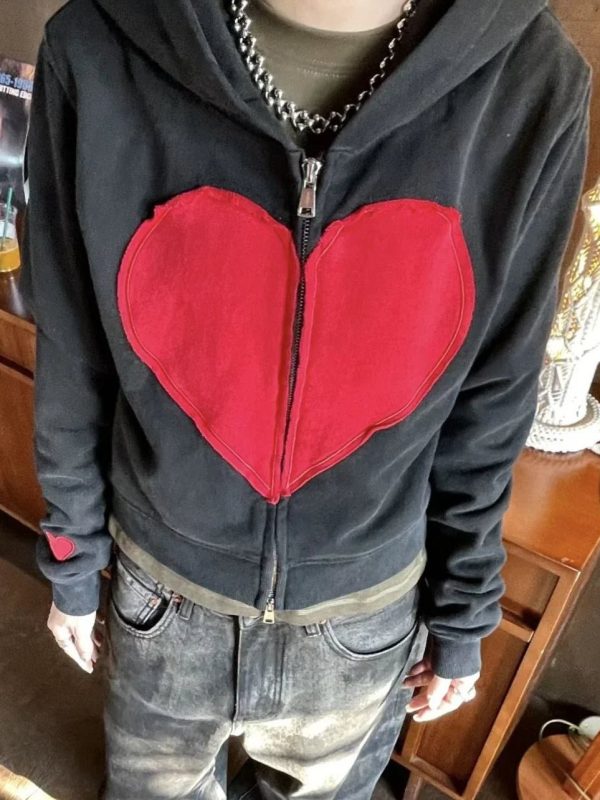 Lovecore Heart Zip-Up Hoodie | Y2K Outfits for Women & Emo Style