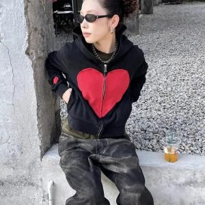 Lovecore Heart Zip-Up Hoodie | Y2K Outfits for Women & Emo Style