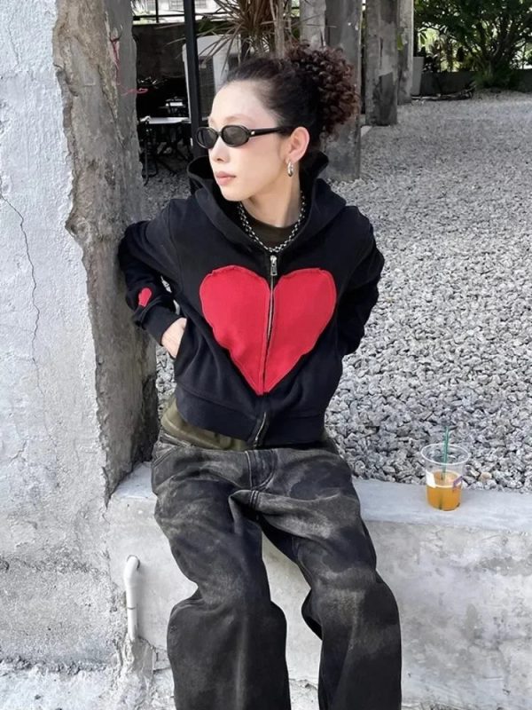 Lovecore Heart Zip-Up Hoodie | Y2K Outfits for Women & Emo Style