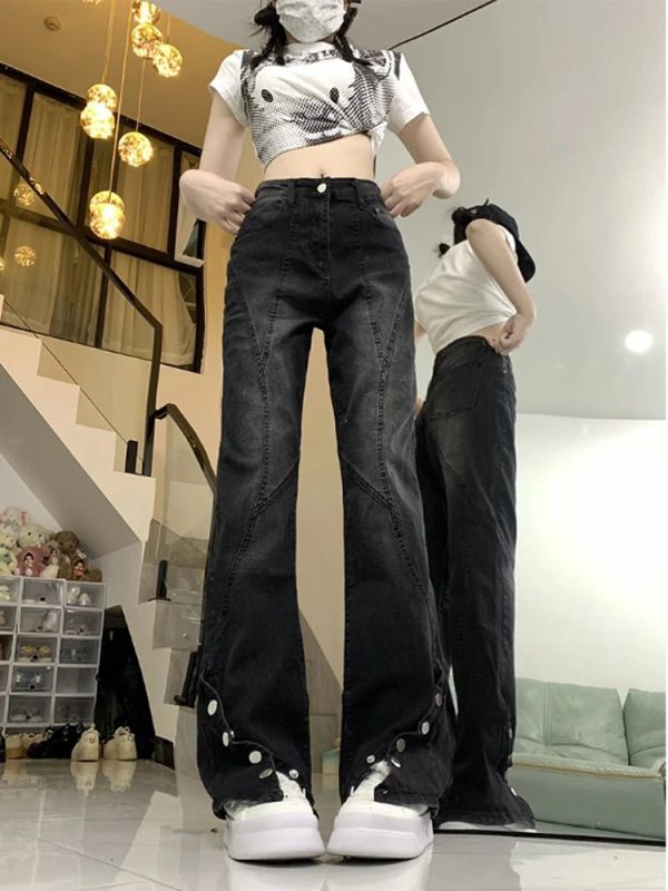 Midnight Flare Snap Jeans - Trendy Y2K Outfits for Women & Girls