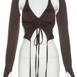 Mocha Ruched Tie-Up Top - Trendy Y2K Outfits for Women & Girls