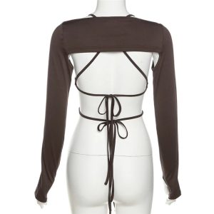 Mocha Ruched Tie-Up Top - Trendy Y2K Outfits for Women & Girls