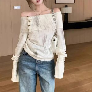 Off-Shoulder Buttoned Knit Top - Trendy Y2K Outfits for Women