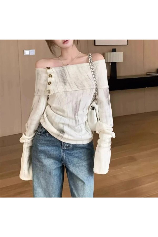 Off-Shoulder Buttoned Knit Top - Trendy Y2K Outfits for Women