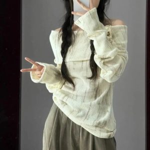 Off-Shoulder Buttoned Knit Top - Trendy Y2K Outfits for Women