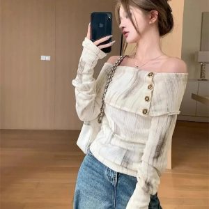 Off-Shoulder Buttoned Knit Top - Trendy Y2K Outfits for Women