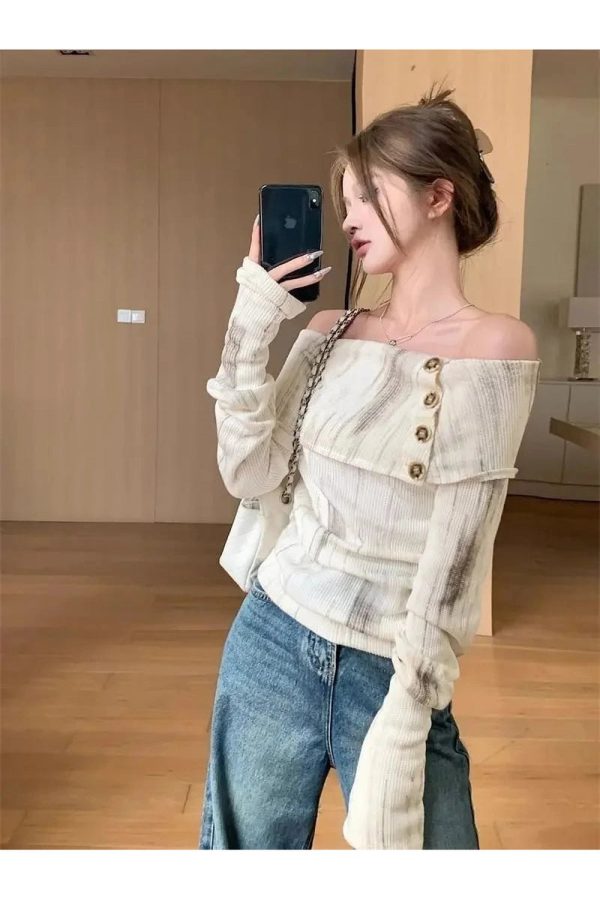 Off-Shoulder Buttoned Knit Top - Trendy Y2K Outfits for Women