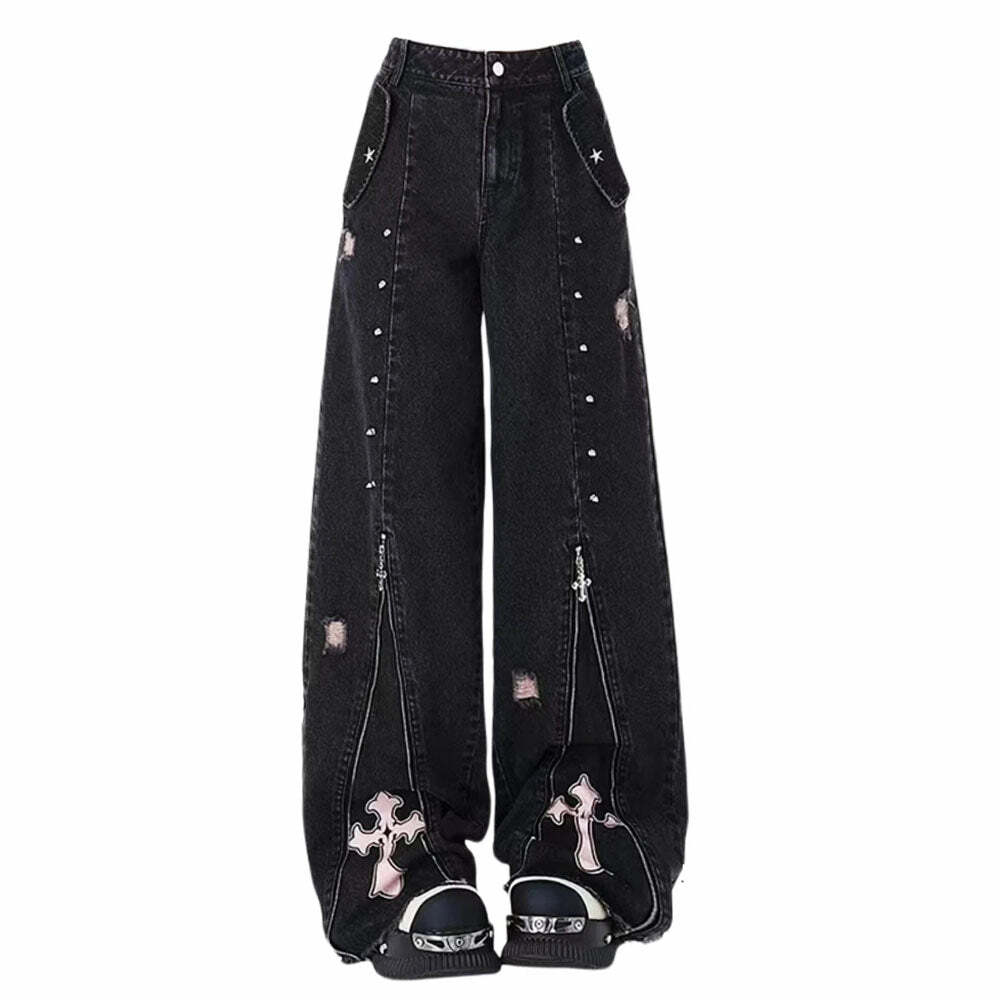 Pastel Goth Cross Baggy Jeans - Y2K Outfits for Women & Emo Style