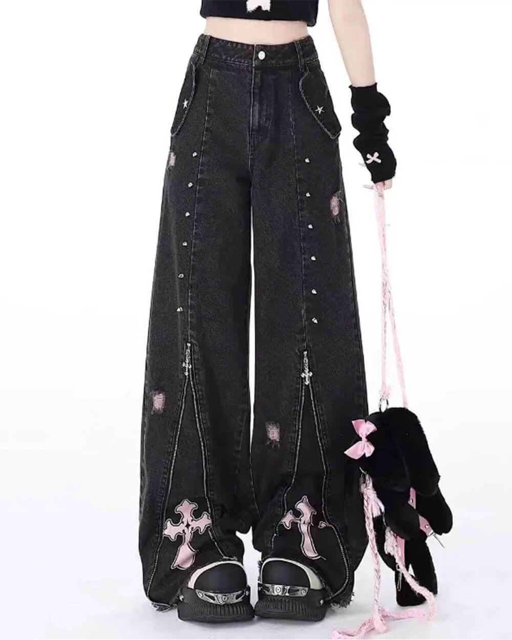 Pastel Goth Cross Baggy Jeans - Y2K Outfits for Women & Emo Style