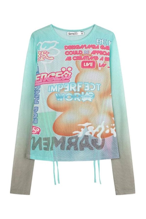 Pastel Graphic Mesh Top - Trendy Y2K Outfits for Women & Girls