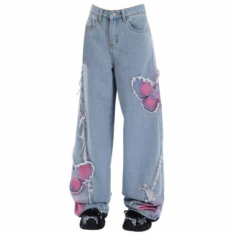 Pink Butterfly Wide Leg Jeans - Trendy Y2K Outfits for Women